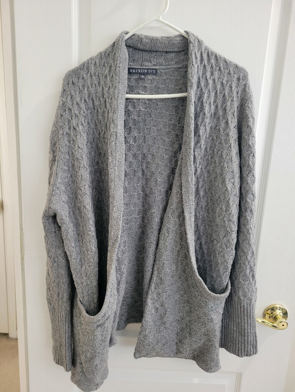 Brixon Ivy Gray Open Front Cardigan Sweater Textured Knit Pockets Size XL